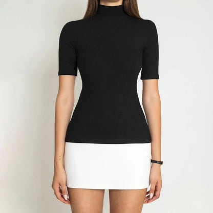Summer 2025 Turtleneck Half Sleeve Mini Dresses French Style Fashion Elegant Black And White Patchwork Bodycon Dress