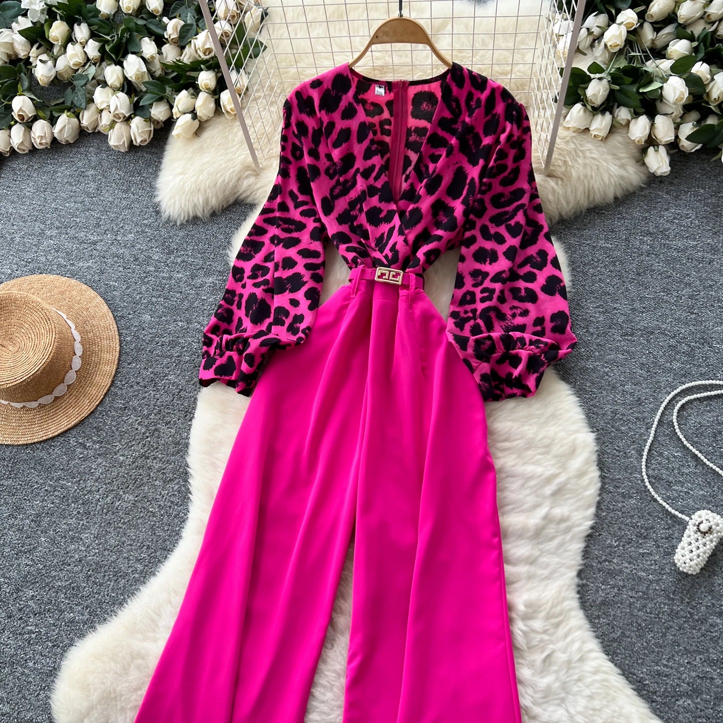 SINGREINY Autumn Leopard Long Jumpsuits V Neck Long Sleeves Belt Wide Legs Pants Women American Retro Senior Office Lady Rompers