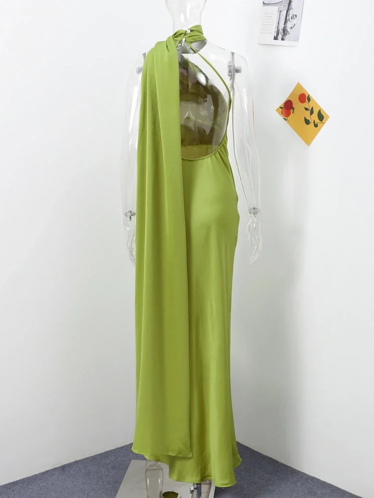 Elegant Satin Ribbon Halter Backless Sleeveless Dress for Women Slim Fit Party Evening Robes Lady Solid Color Autumn Summer 2025