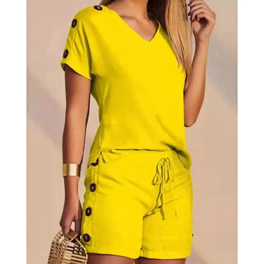 Women Buttoned Short Sleeve V-Neck Top & Drawstring Shorts Sets Women 2 Pieces Casual Two Pieces Set Summer Outfits Clothing