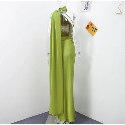 Elegant Satin Ribbon Halter Backless Sleeveless Dress for Women Slim Fit Party Evening Robes Lady Solid Color Autumn Summer 2025