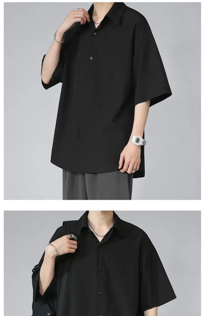 Men's Ice Silk Short Sleeve Shirt Casual Loose Fit Korean Style Trendy Black Shirt For Summer Thin Sleeve Casual