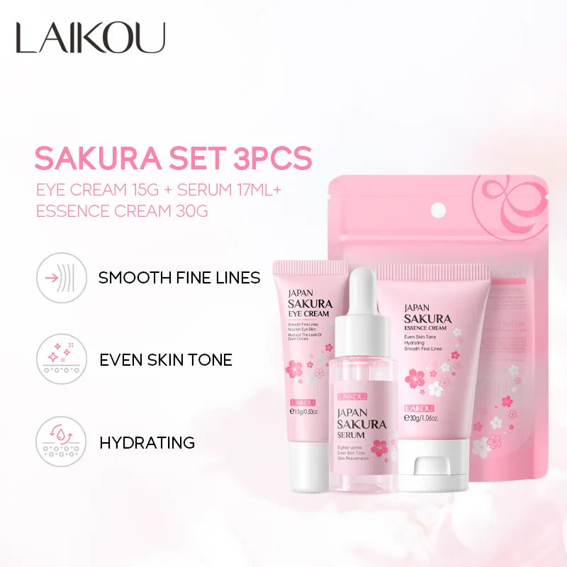 3個セット LAIKOU ビタミンC 24K ゴールデンサクラ スキンケアセット フェイスクリーム セラム アイクリーム 保湿 しわ防止 フェイスケアキット