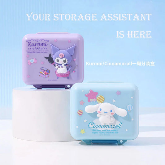 Cute Kuromi My Melody 7 Compartment Pill Case Daily Medicine Organizer with Removable Stickers Travel Portable Moisture Proof