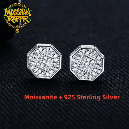 MossanRappr Moissanite Iced Out Stud Earrings for Men Women 925 Sterling Silver Rock Hip Hop Jewelry Gift Punk Party Accessories