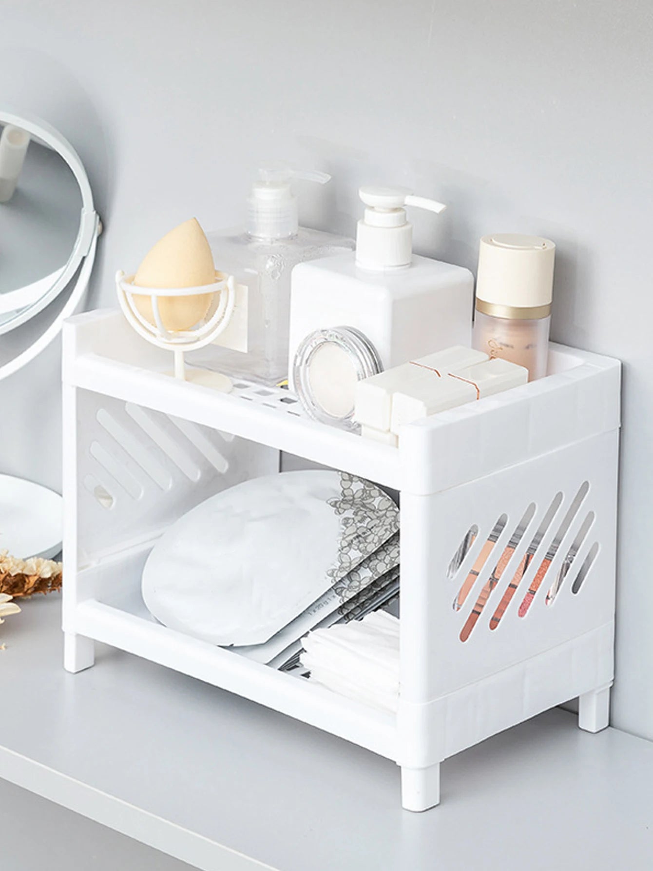 1PC PP Desktop Double Layer Storage Rack Rectangular White Organizing Student Desk Office Cosmetics Stationery