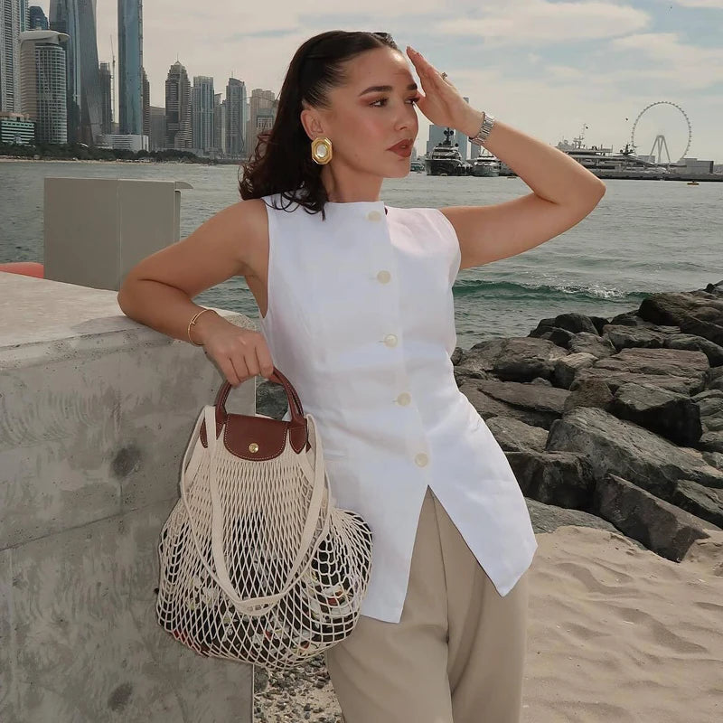 MUJER 2025 White Sleeveless Vest Women Button Summer Vests for Women Jacket Pink Vest Top Women Streetwear Women's Tailored Vest