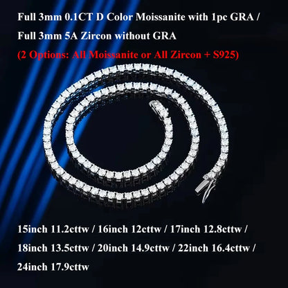 EWYA 本物 2-5mm フル D カラー モアサナイト テニス ネックチェーン ネックレス レディース メンズ 925 シルバー GRA 認定 パーティー ブライダル ネックレス