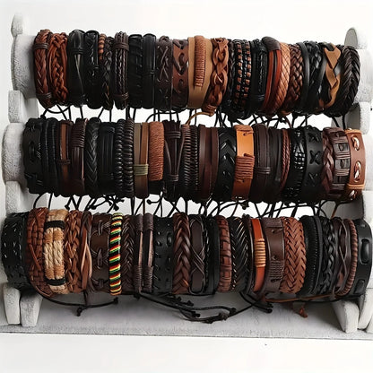 20Pcs Braided Leather Bracelets for Men Women Wrap Wood Beads Cuff Bracelet Hemp Cords Ethnic Tribal Handmade Wrap Wristband Bra