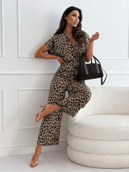 Summer Fashion Leopard Print Jumpsuit For Women Elegant Deep V-neck Rompers Office Overalls Casual Jumpsuits Streetwear Female