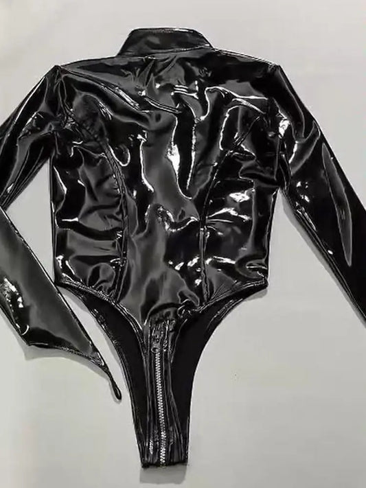 Shiny Faux PU Leather Zipper Open Crotch Bodysuit Wet Look PVC Catsuit Tight Sexy Body Teddies High Cut Swimsuit Leotard Unitard