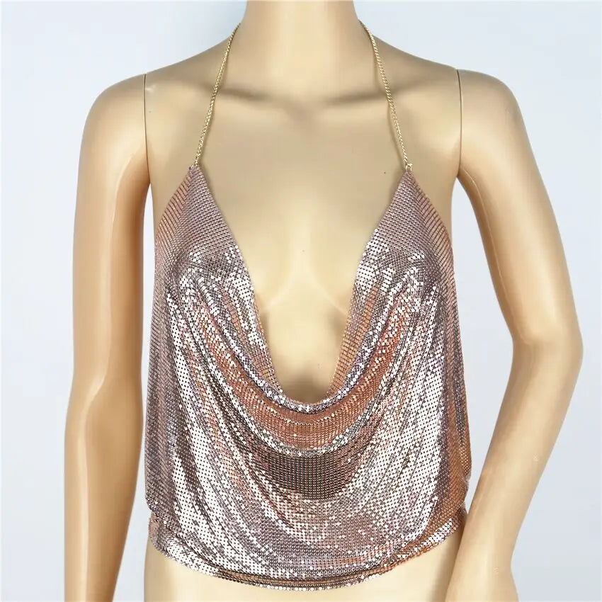 Women Sexy Halter Camisole Tops Shining Metal Sequins Backless Low-Cut Tank Tops for Ladies Vacation Party Clubwear