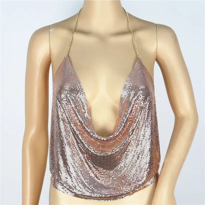 Women Sexy Halter Camisole Tops Shining Metal Sequins Backless Low-Cut Tank Tops for Ladies Vacation Party Clubwear