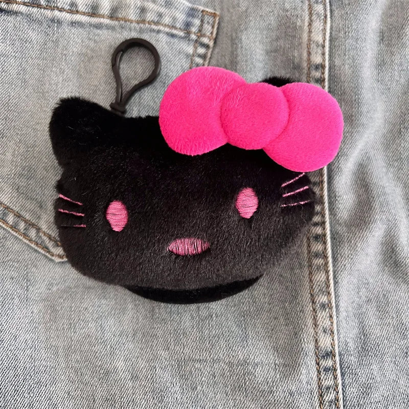 New Fashionable Black Cartoon Cat Plush Wallet Keychain Pendant Cute Girl Heart-Shaped Round Headphone Storage Bag