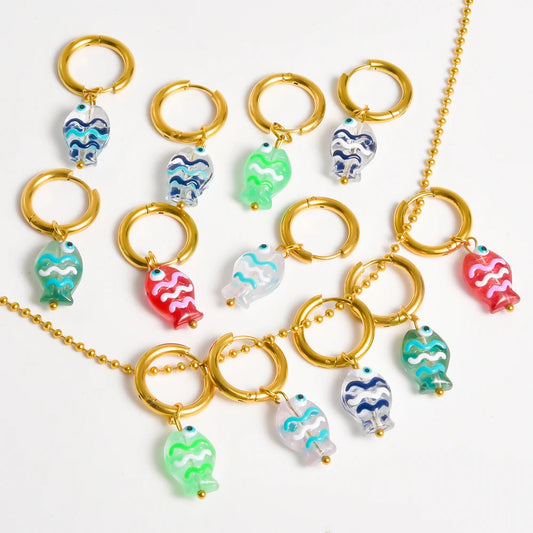 Stainless Steel Colorful Glazed Enamel Fish Hoop Earrings For Women Men Girl Cute Dopamine Fashion Ear Buckle Sea Animal Jewelry