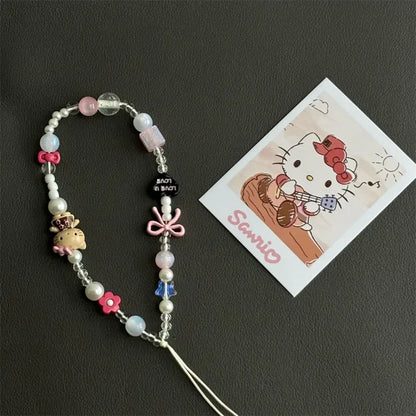 New Anime Cartoon Sanrio Hello Kitty Beaded Phone Chain Cute Girl Ccd Camera Backpack Pendant Decoration Friends Birthday Gift