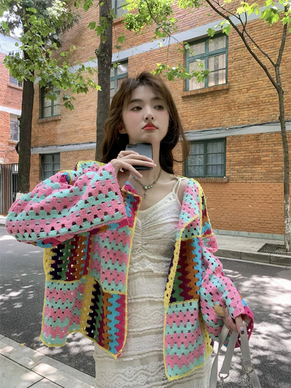 SALIENCY Colorful Crochet Knit Hollow Cardigan Sweater Jacket Women Spring Top Loose Short Knitwear