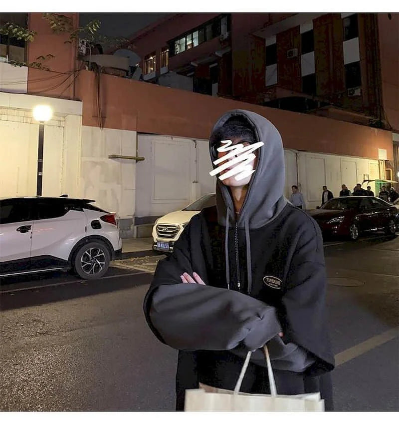 Hoodies men fake two-piece sweatshirt autumn stitching Korean loose contrast color hooded long-sleeved black  white gray design