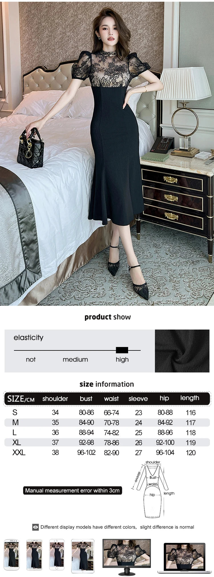 Elegant Style Long Dress Women Retro Chic Sexy Black Sheer Lace Spliced High Waist Fishtail Robe Femme Party Prom Vestidos Mujer