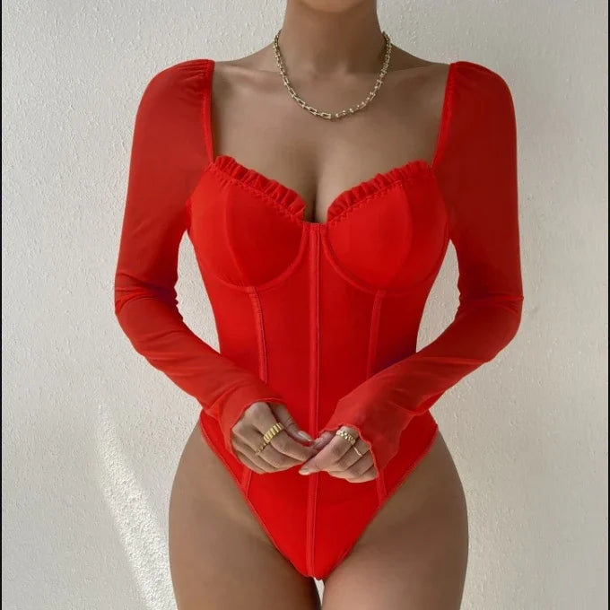 Women Sexy Mesh V Neck Slim Bodysuit Chic Long Sleeve Fashion Elastic Bodycone Jumpsuits Spring Autumn Hotsweet Gothic Playsuits