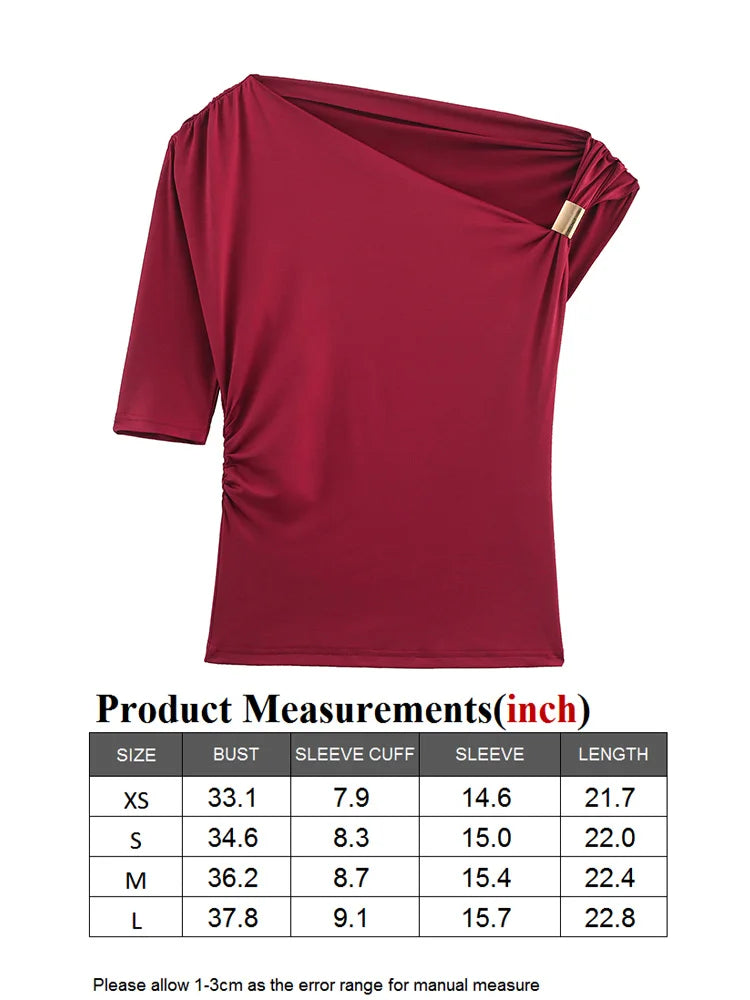 TRAF GAL 2025 Summer Thin Women Tees Short Sleeve Metal Detail Ruched Elastic Slim Asymmetric T-Shirt Female Crop Top Y2K