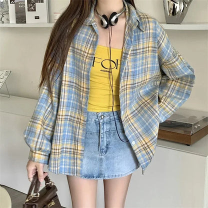 Women Tartan Shirt Long Sleeve Collared Button Up Oversized Plaid Shirt Jacket Grunge Fashion Teenage Girl Spring Summer Outfit