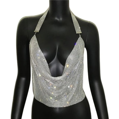 Festival Brilliant Rhinestone Backless Party Crop Top Women 2022 Summer Glitter Evening V Neck Diamonds Metal Tank Tops