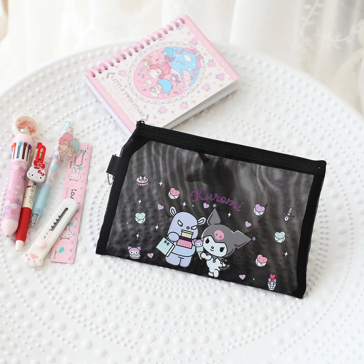 Kawaii Hello Kitty Stationery Bag Cute Cartoon Mesh Storage Bag Transparent Desktop Decoration Student Supplies Gift Wholesale