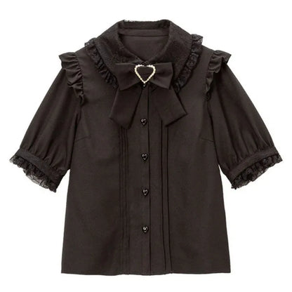 Gothic Lolita Blouses Women Sweet Bow Off Shoulder JK Shirt Japanese Girls Elegant Love Heart Lace Ruffles Blusas Mujer Tops