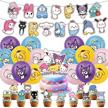kawaii Sanrio Birthday Party cutlery plate Disposable Banner Cake Topper Hanging Flag Hello Kitty Balloons Birthday Decorations