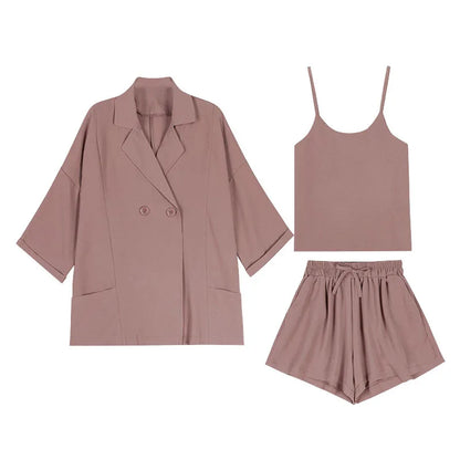 Spring Autumn Korean Style Loose Casual Blazer Camisole Wide Leg Shorts Set Women Simple Elegant Fashion Solid All-match Suit