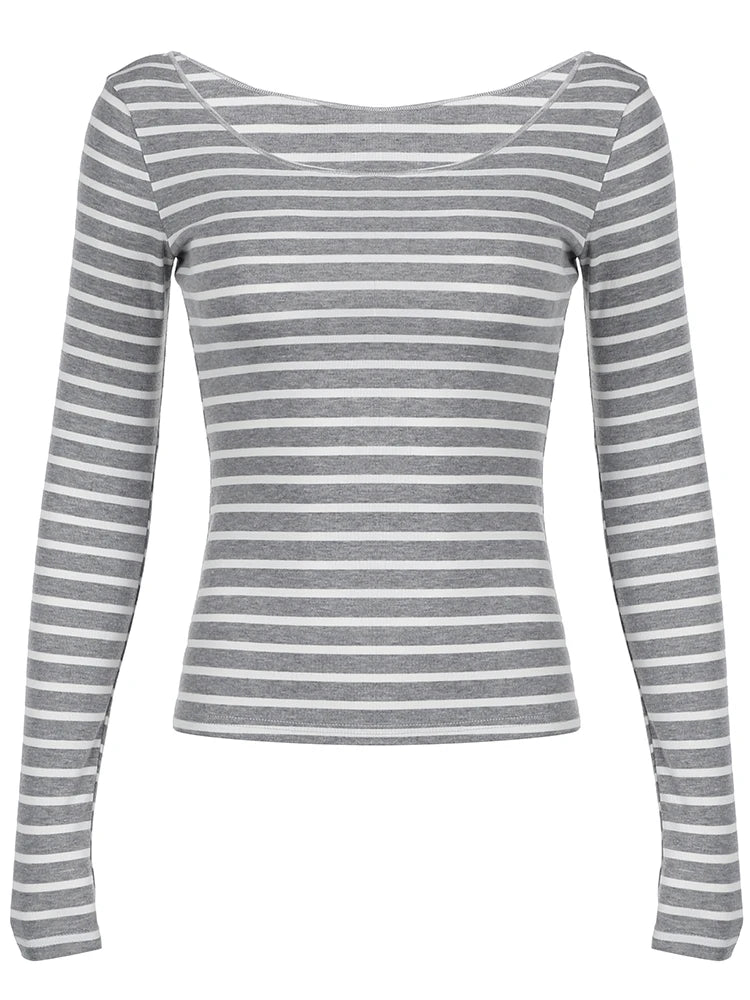 Sweetown Japanese Basic Slim Long Sleeve Stripe Tee Off Shoulder O Neck Korean Street Style Spring Autumn Y2K Gray T Shirt Women