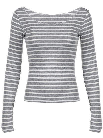 Sweetown Japanese Basic Slim Long Sleeve Stripe Tee Off Shoulder O Neck Korean Street Style Spring Autumn Y2K Gray T Shirt Women