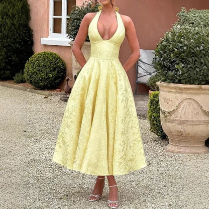 Deeptown Elegant Sexy Evening Party Dresses Women Korean Style Halter V-neck Dress Sweet Backless Yellow Summer Solid Midi Dress
