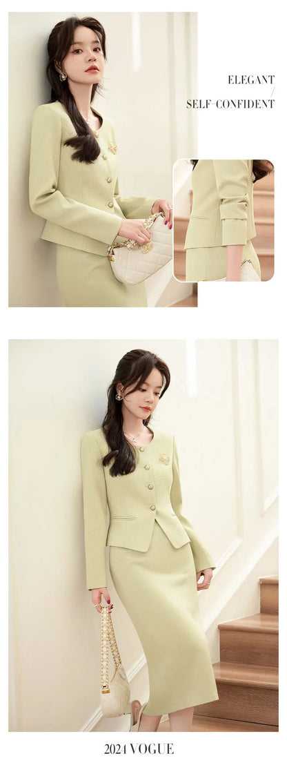 Spring Summer Long Sleeve Women Business Work Wear Suits with Skirt and Tops Formal Professional Office OL Styles Dress Sets