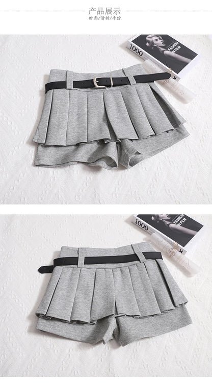 Kimotimo Womens Shorts Autumn Winter Belt High Waist Fluffy Pleated A-line Short Pants Korean Fashion Sexy Y2k All Match Clothes