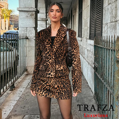 TRAFZA ヴィンテージ レディース ヒョウ柄 スーツ ボタン ショート ブレザー ストレート ミニスカート ショート ファッション 2025 春 オフィスウェア セット