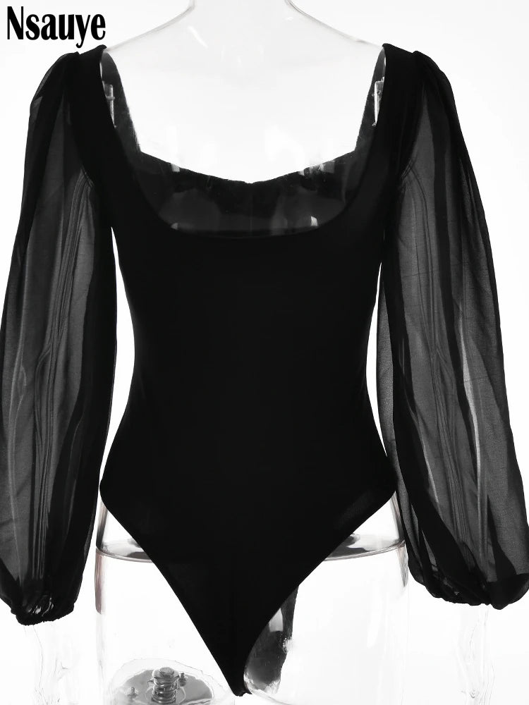 Nsauye 2022 Autumn Summer Sheath Long Puff Sleeve Skinny Women Rompers Bodysuits Y2K Square Collar Fashion Jumpsuit Body Tops
