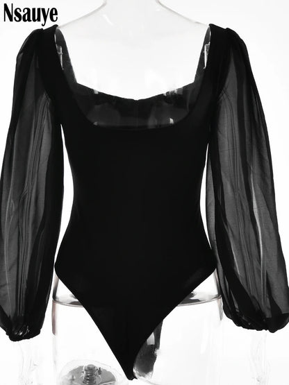 Nsauye 2022 Autumn Summer Sheath Long Puff Sleeve Skinny Women Rompers Bodysuits Y2K Square Collar Fashion Jumpsuit Body Tops
