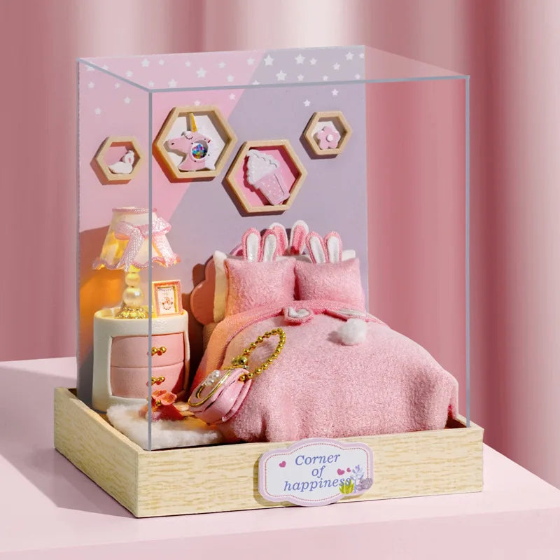 木製ミニチュアドールハウス DIY 小さな家キット 3Dパズル 組み立て式ハウス 家具 おもちゃ 子供の誕生日プレゼント