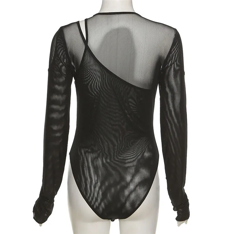 Summer Solid Color Bodysuit See-Through Sexy Hollow Design Women Top Jumpsuits Slim Fit For High Street Clubwear Female