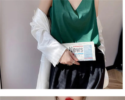Acetate satin Camisole Women's V-neck Silk Satin vest Top elegant wild Avocado Green white black tank Women Crop Tops