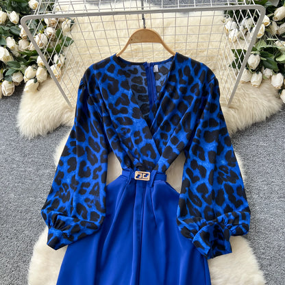 SINGREINY Autumn Leopard Long Jumpsuits V Neck Long Sleeves Belt Wide Legs Pants Women American Retro Senior Office Lady Rompers