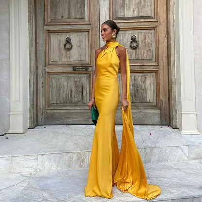 Elegant Satin Ribbon Halter Backless Sleeveless Dress for Women Slim Fit Party Evening Robes Lady Solid Color Autumn Summer 2025