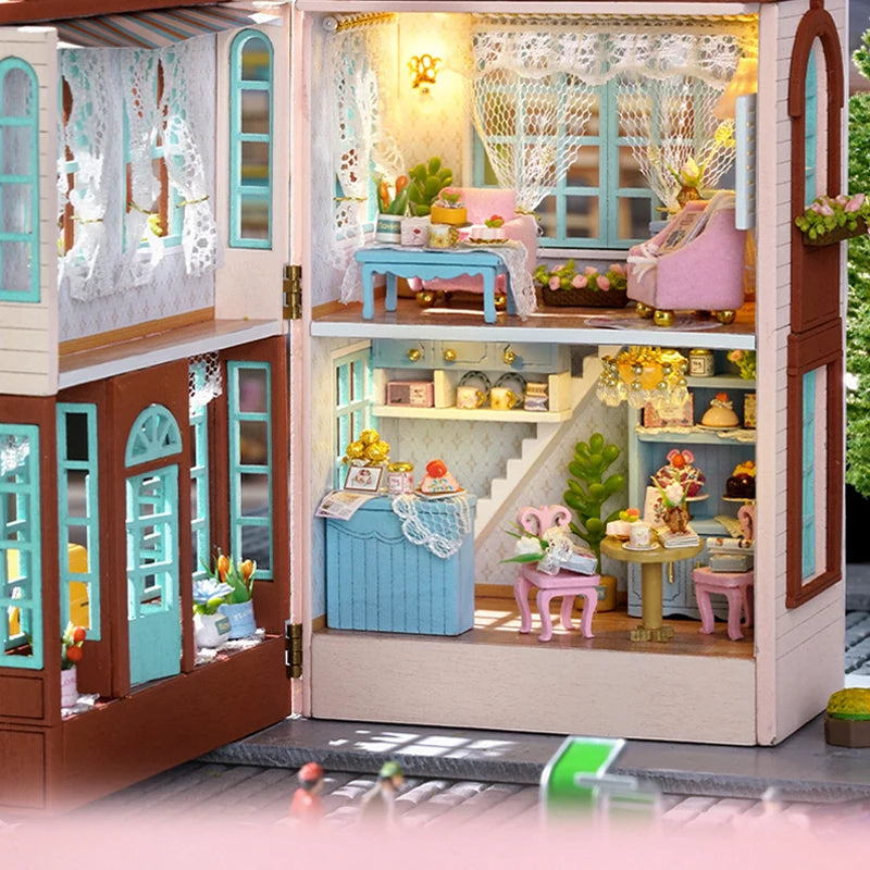 DIYミニ木製ドールハウス 家具付き ライト付き ドールハウス カーサ 組み立てモデル ピンク プリンセス ヴィラ 建築キット おもちゃ 誕生日