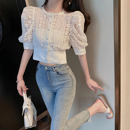 Woherb Sweet Crochet Top Blouse Women Sexy Hollow Out Shirt Vintage Puff Sleeve Korean  Shirts Fashion Chic Tops Blusas