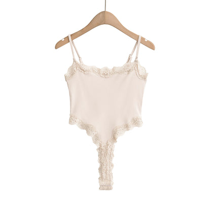 Sexy Bodysuit Tops For Women 2025 Summer Y2k Clothes Lace Panel BodySuits Women Solid Color Cami Bodysuit Backless Lace Top Pink