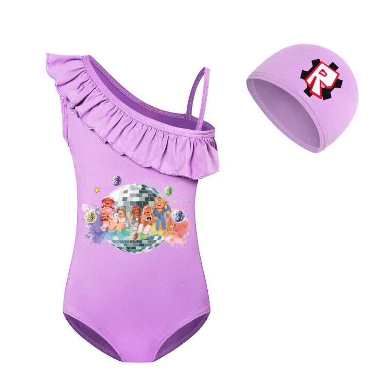 ROBLOX Kids Tie-dye Print One-piece Swimsuit for Teen Girls Pink Swimwears Bathing Suits 2-10 Years Decorative Daily Necessities
