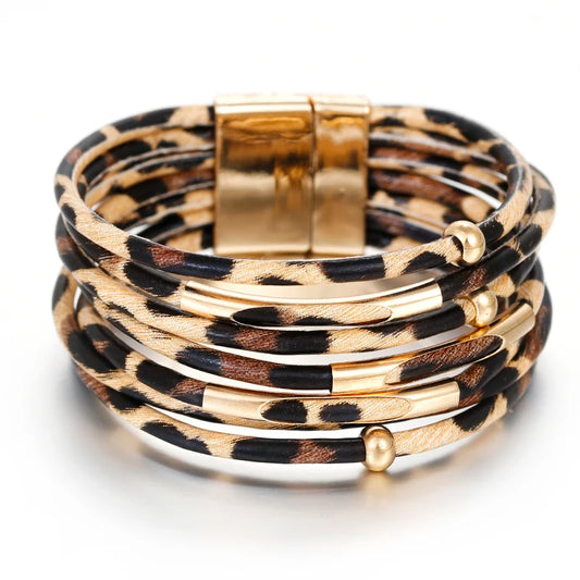 ALLYES Vintage Metal Tube Leopard Leather Bracelet for Women Men Boho Multilayer Wrap Wide Bracelets & Bangles Charm Jewelry