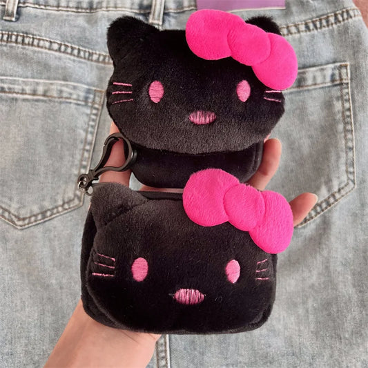 New Fashionable Black Cartoon Cat Plush Wallet Keychain Pendant Cute Girl Heart-Shaped Round Headphone Storage Bag